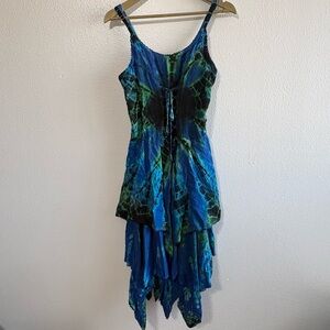 Wevez Blue Green Tie Dye Pixie Style Lace Up Asymmetric Hem Dress Fairy Hippie